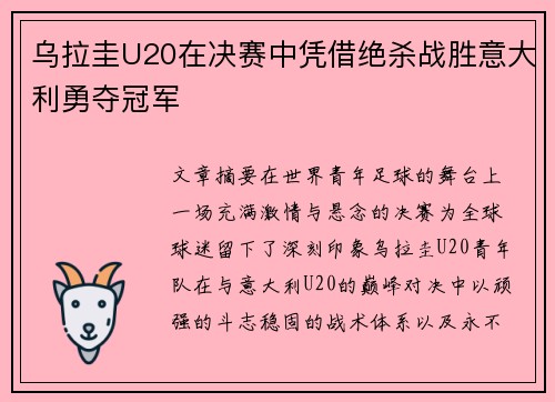 乌拉圭U20在决赛中凭借绝杀战胜意大利勇夺冠军